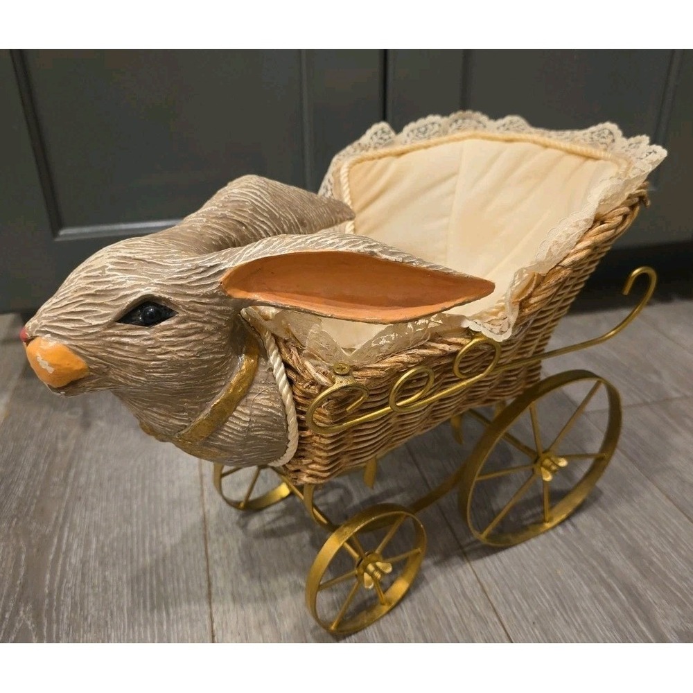 Antique Rabbit Bunny‎ Head Wicker Baby Doll Gold Carriage Art